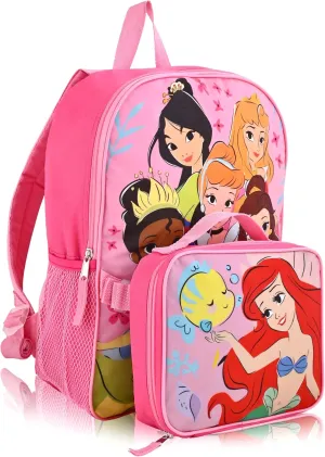 Disney Princess Backpack for School and Lunch Box for Kids | Kids Knapsack and Insulated Lunch Bag Lunch Box for Girls, Boys, Unisex | Disney Princess Pink Reusable Lunchbox Set