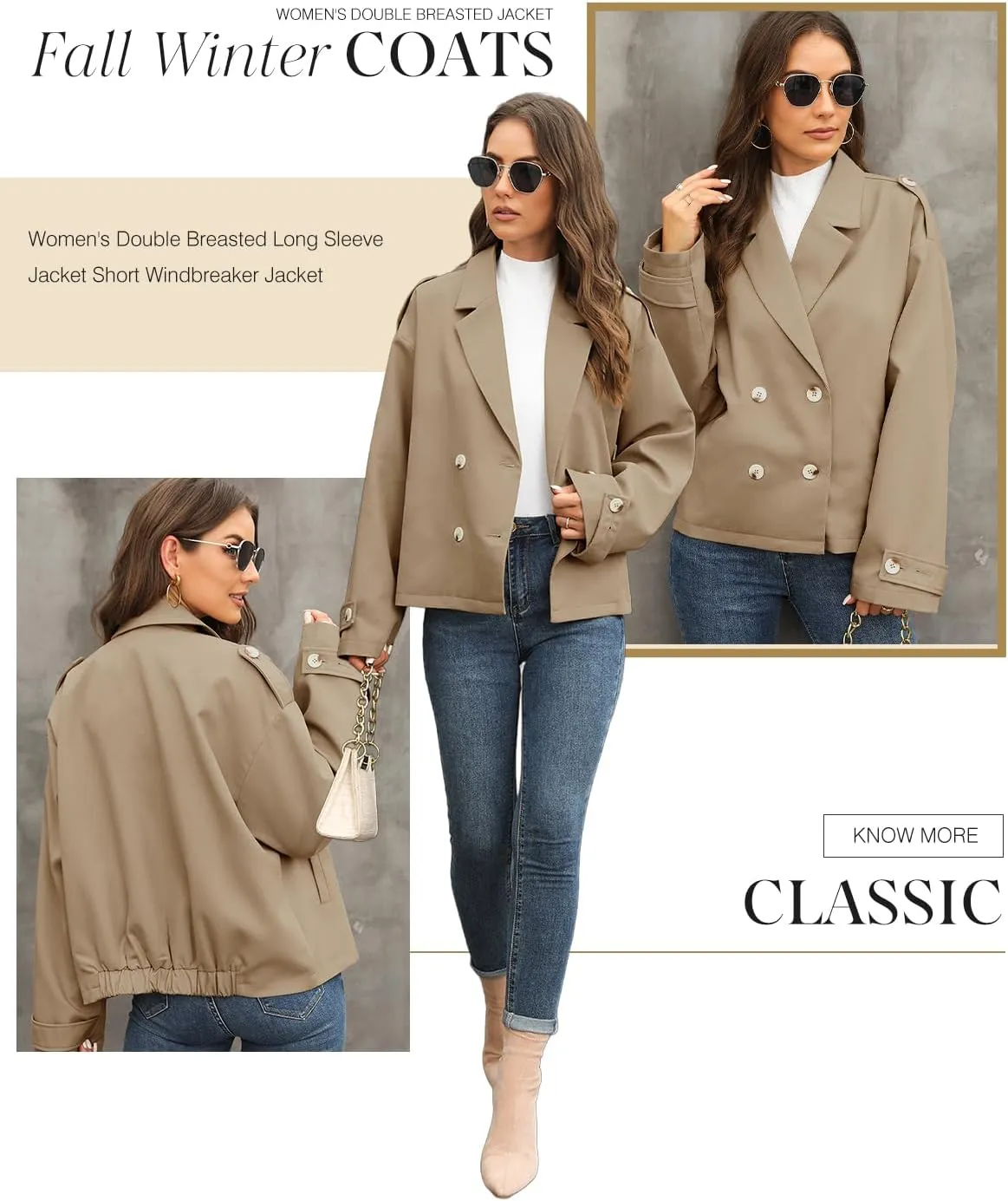 Dokotoo Womens Cropped Trench Coats Double Breasted Blazer Long Sleeve Lapel Casual Jackets Outerwear with Pockets