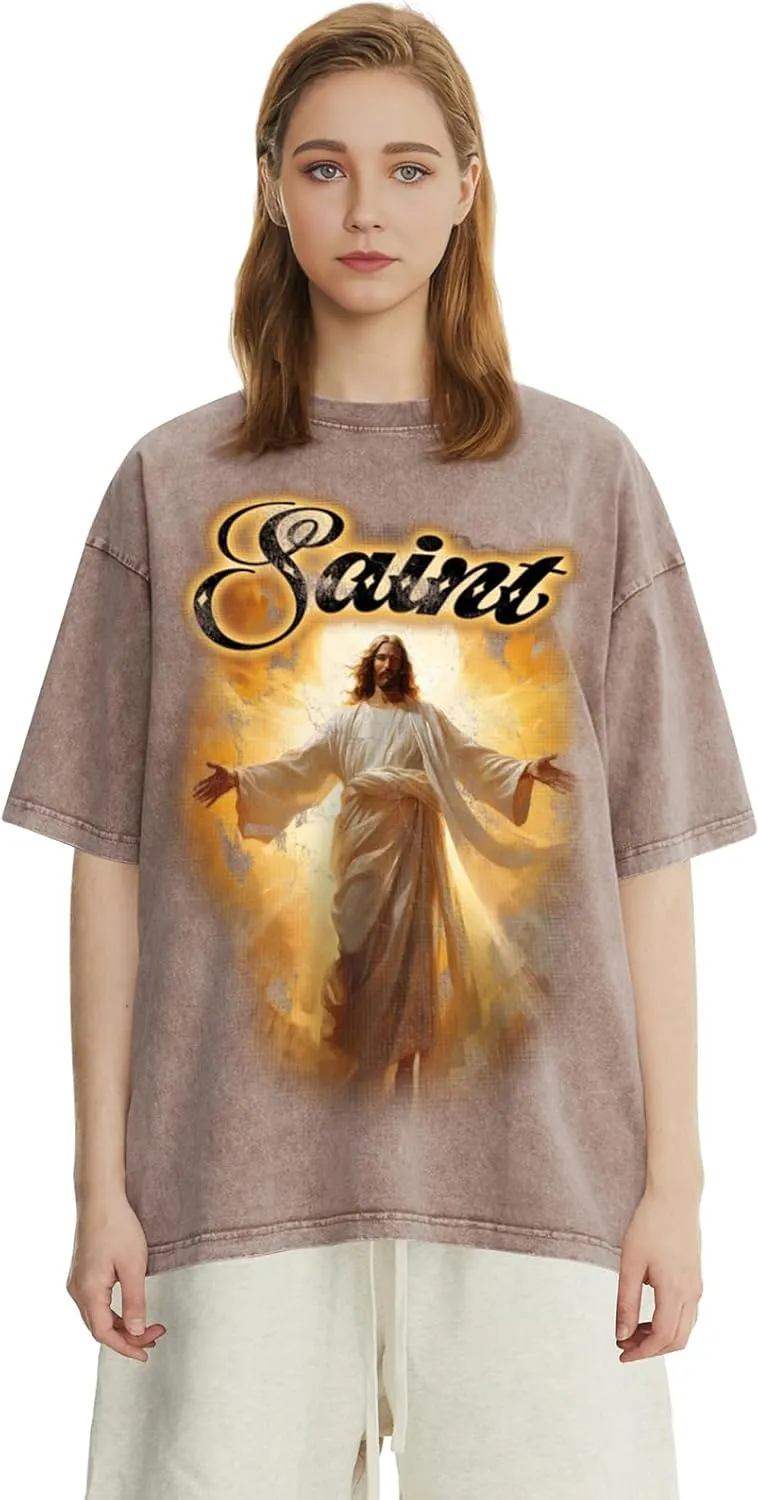 DONCARE Cotton Crew Neck Cross Jesus Western Style Unisex Summer Casual Short Sleeve