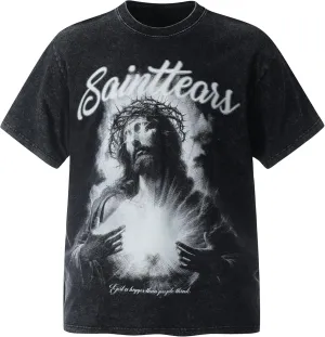 DONCARE Saint Cross Jesus Pilgrim Print Unisex T-Shirt Oversized Vintage Heavyweight Short Sleeves