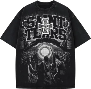 DONCARE Saint Cross Jesus Pilgrim Print Unisex T-Shirt Oversized Vintage Heavyweight Short Sleeves