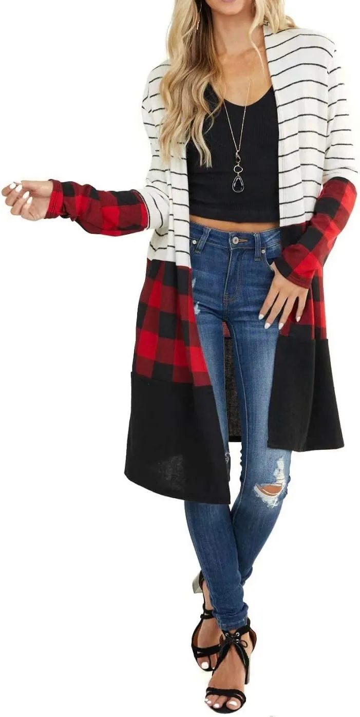 Dressmine Womens Long Cardigan Open Front Buffalo Plaid Shirt Knitted Coat Outwear Maxi Sweater Trendy 2024 Tops