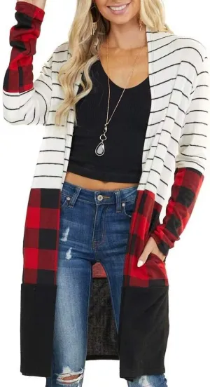 Dressmine Womens Long Cardigan Open Front Buffalo Plaid Shirt Knitted Coat Outwear Maxi Sweater Trendy 2024 Tops