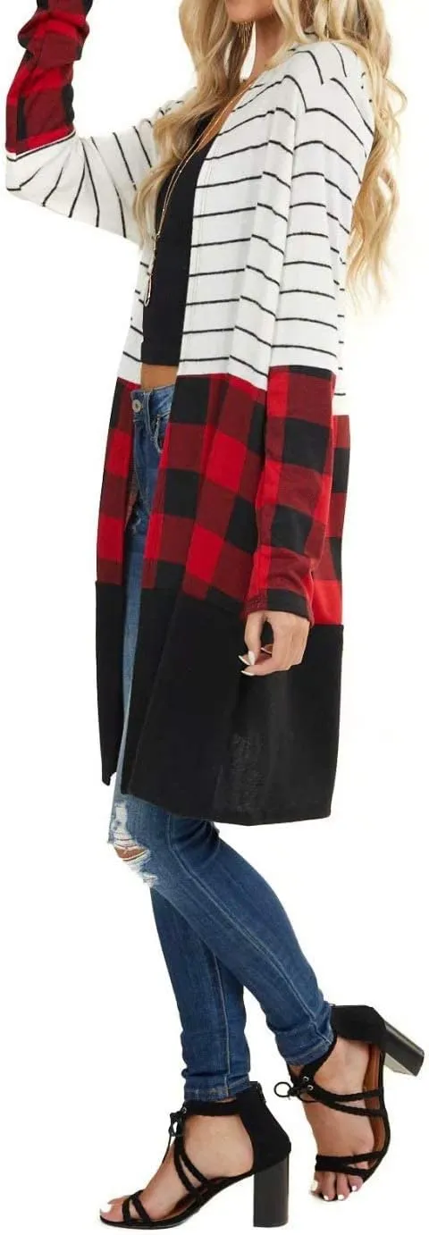 Dressmine Womens Long Cardigan Open Front Buffalo Plaid Shirt Knitted Coat Outwear Maxi Sweater Trendy 2024 Tops