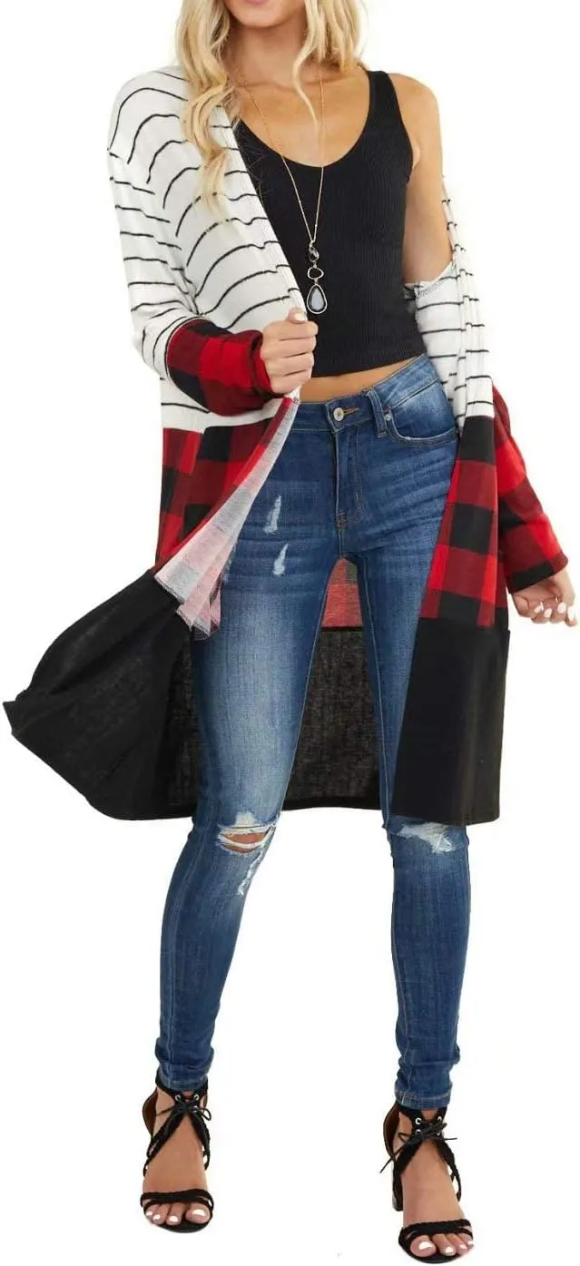 Dressmine Womens Long Cardigan Open Front Buffalo Plaid Shirt Knitted Coat Outwear Maxi Sweater Trendy 2024 Tops
