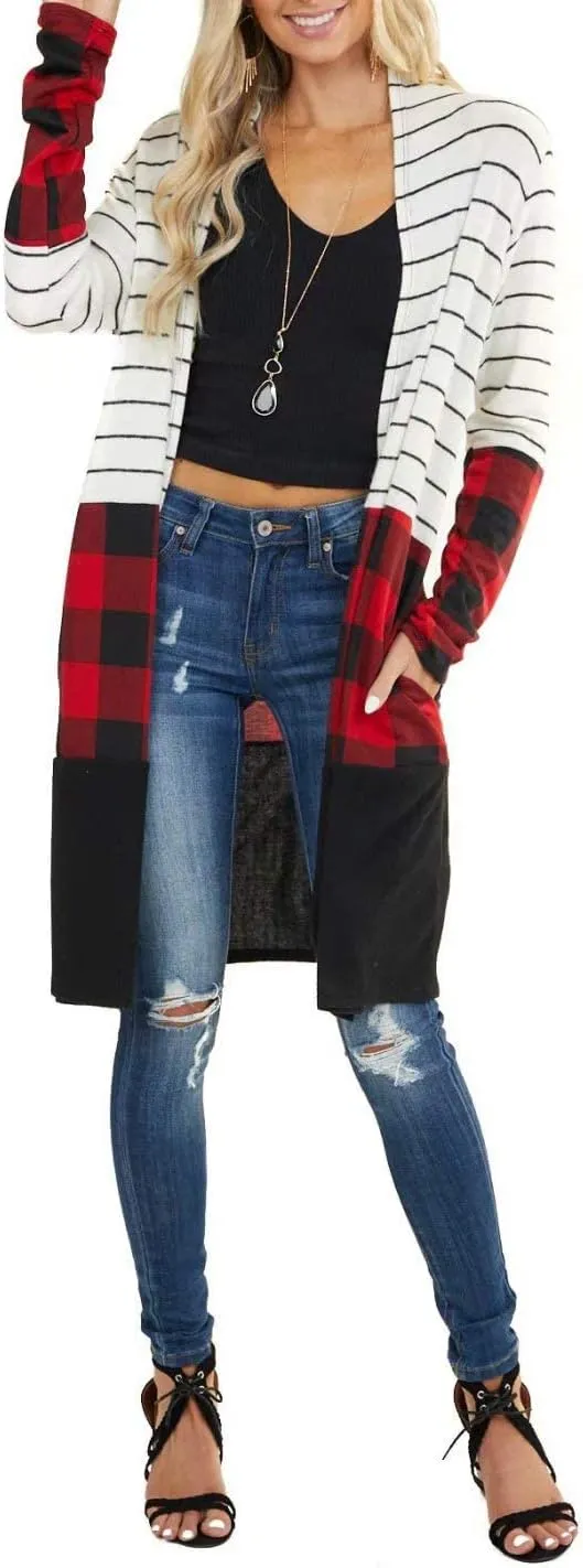 Dressmine Womens Long Cardigan Open Front Buffalo Plaid Shirt Knitted Coat Outwear Maxi Sweater Trendy 2024 Tops