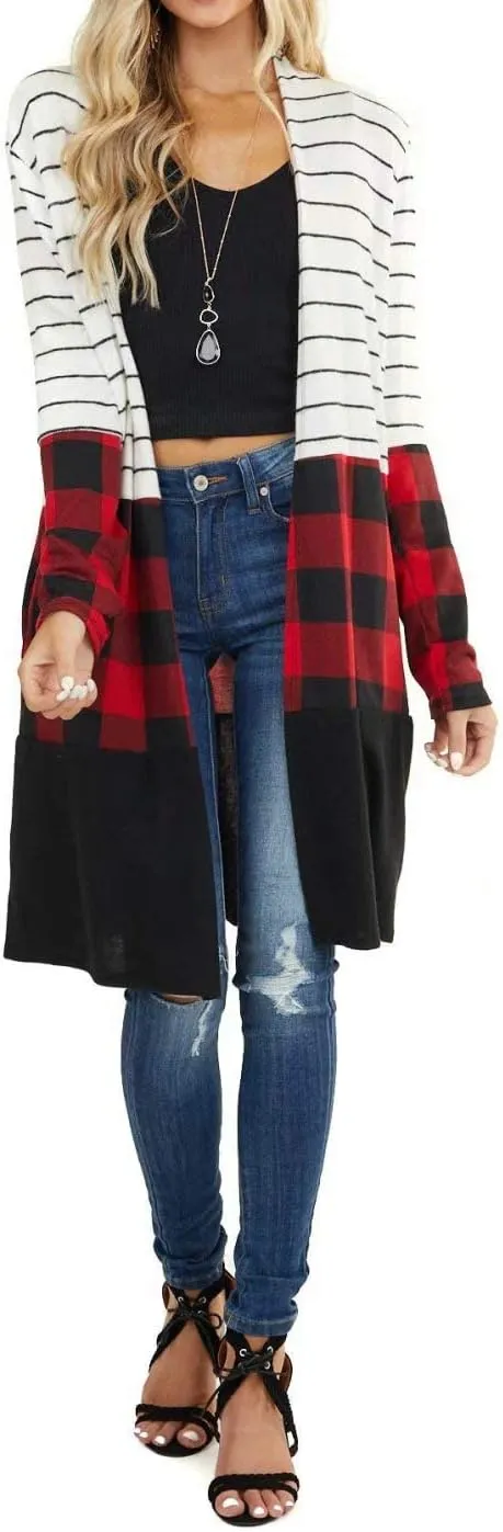Dressmine Womens Long Cardigan Open Front Buffalo Plaid Shirt Knitted Coat Outwear Maxi Sweater Trendy 2024 Tops
