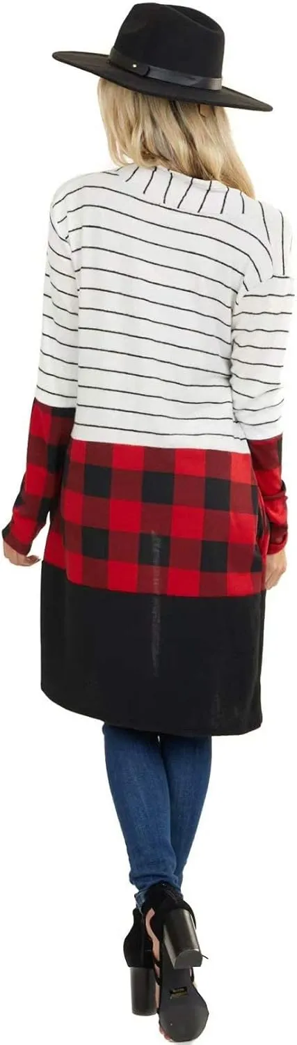 Dressmine Womens Long Cardigan Open Front Buffalo Plaid Shirt Knitted Coat Outwear Maxi Sweater Trendy 2024 Tops