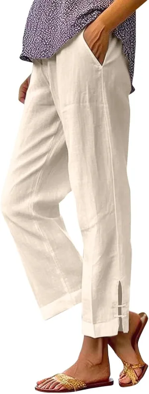 Eco-Friendly Linen Pants Women Elastic Waist Straight Leg Lightweight Beach Yoga Trousers with Slits