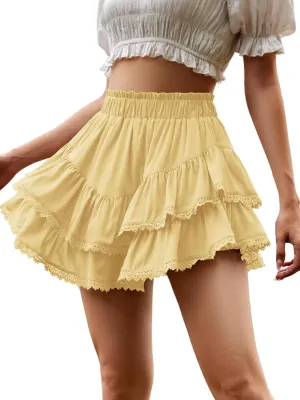 ELLEVEN Womens Flowy Ruffle Skirt, Summer Elastic Mini Skorts with Inner Shorts