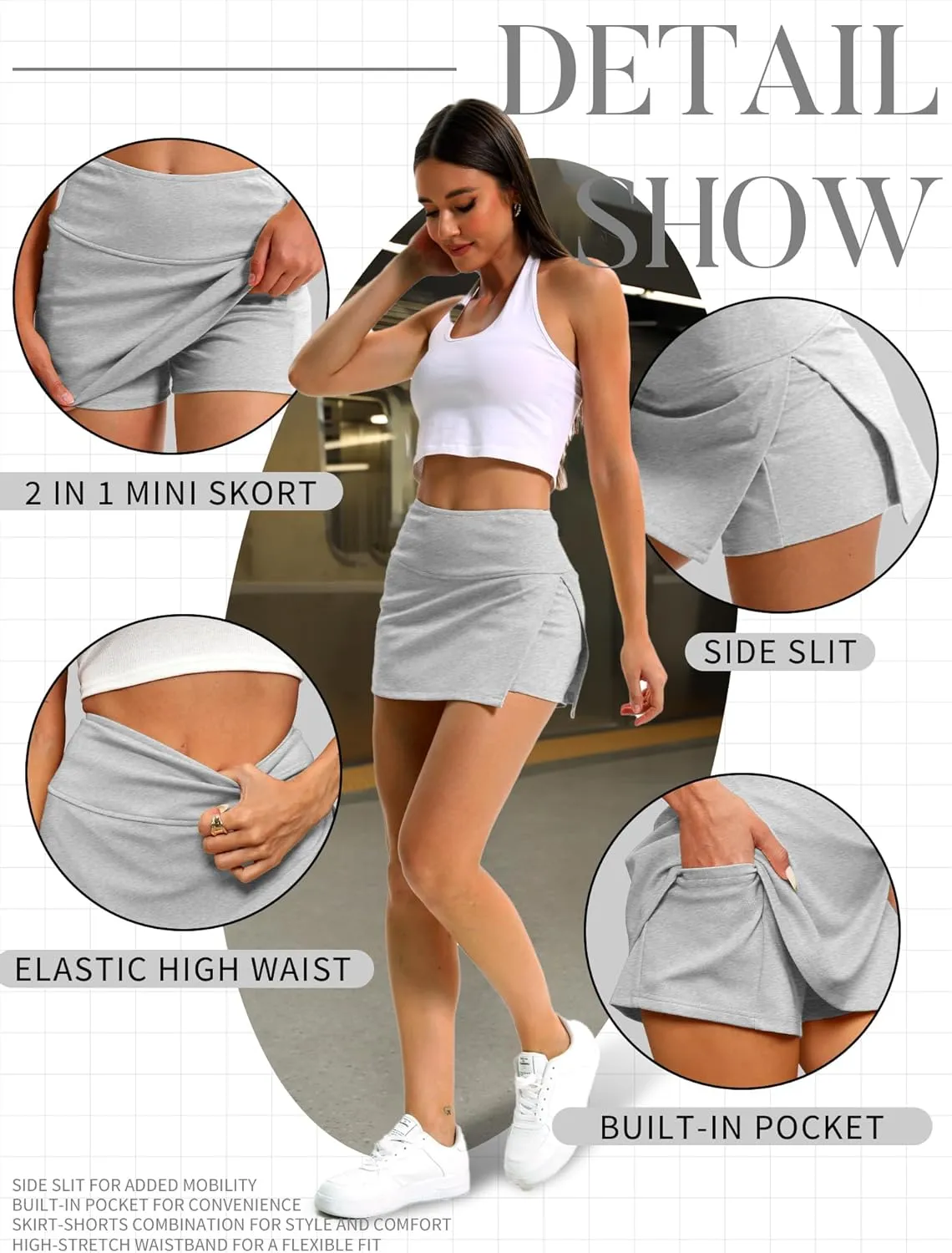 ELLEVEN Y2K Mini Skort with Sexy Side Slits - Women's Stylish Bodycon Skirt with Built-in Shorts & Pocket