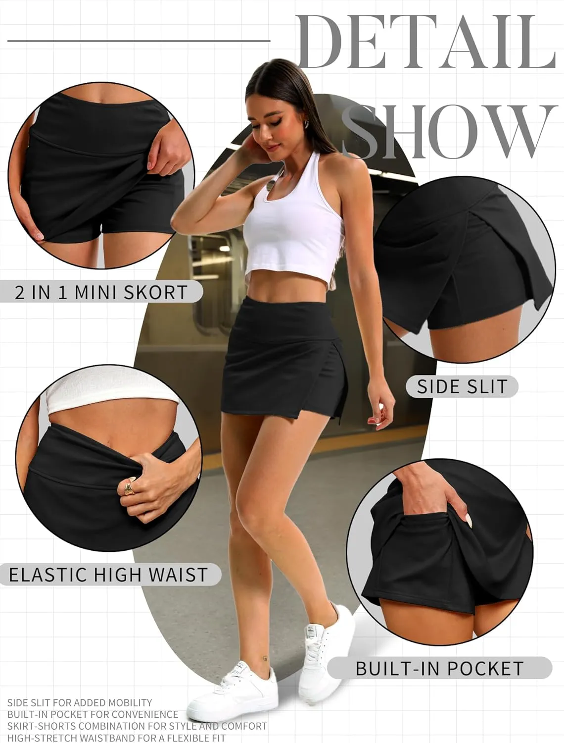 ELLEVEN Y2K Mini Skort with Sexy Side Slits - Women's Stylish Bodycon Skirt with Built-in Shorts & Pocket