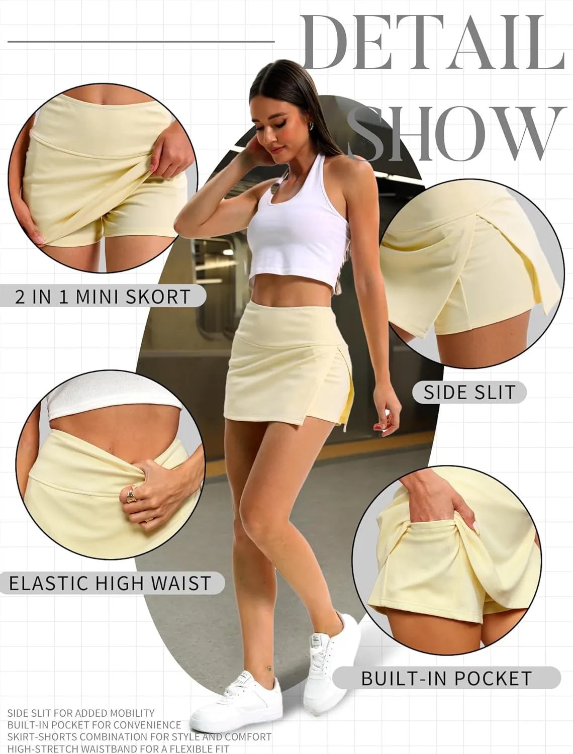 ELLEVEN Y2K Mini Skort with Sexy Side Slits - Women's Stylish Bodycon Skirt with Built-in Shorts & Pocket