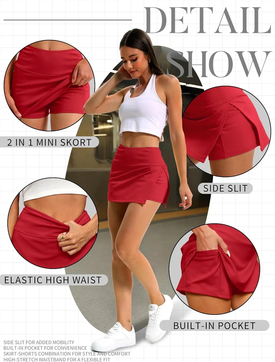 ELLEVEN Y2K Mini Skort with Sexy Side Slits - Women's Stylish Bodycon Skirt with Built-in Shorts & Pocket