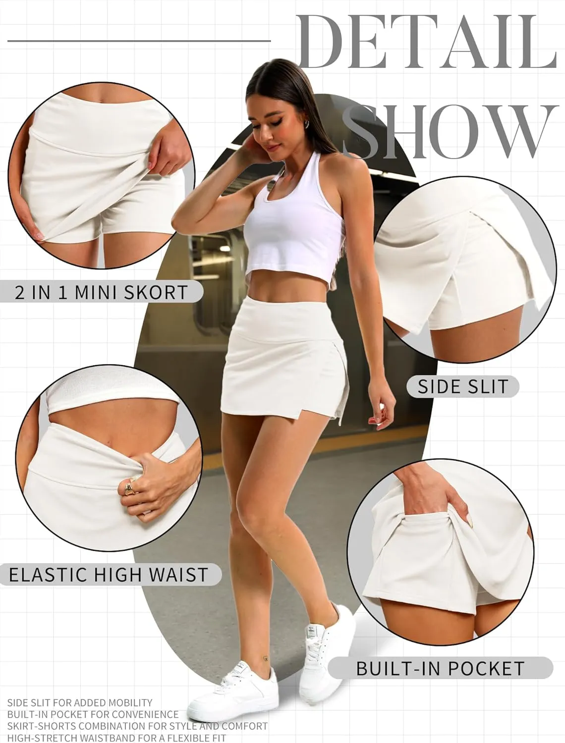 ELLEVEN Y2K Mini Skort with Sexy Side Slits - Women's Stylish Bodycon Skirt with Built-in Shorts & Pocket