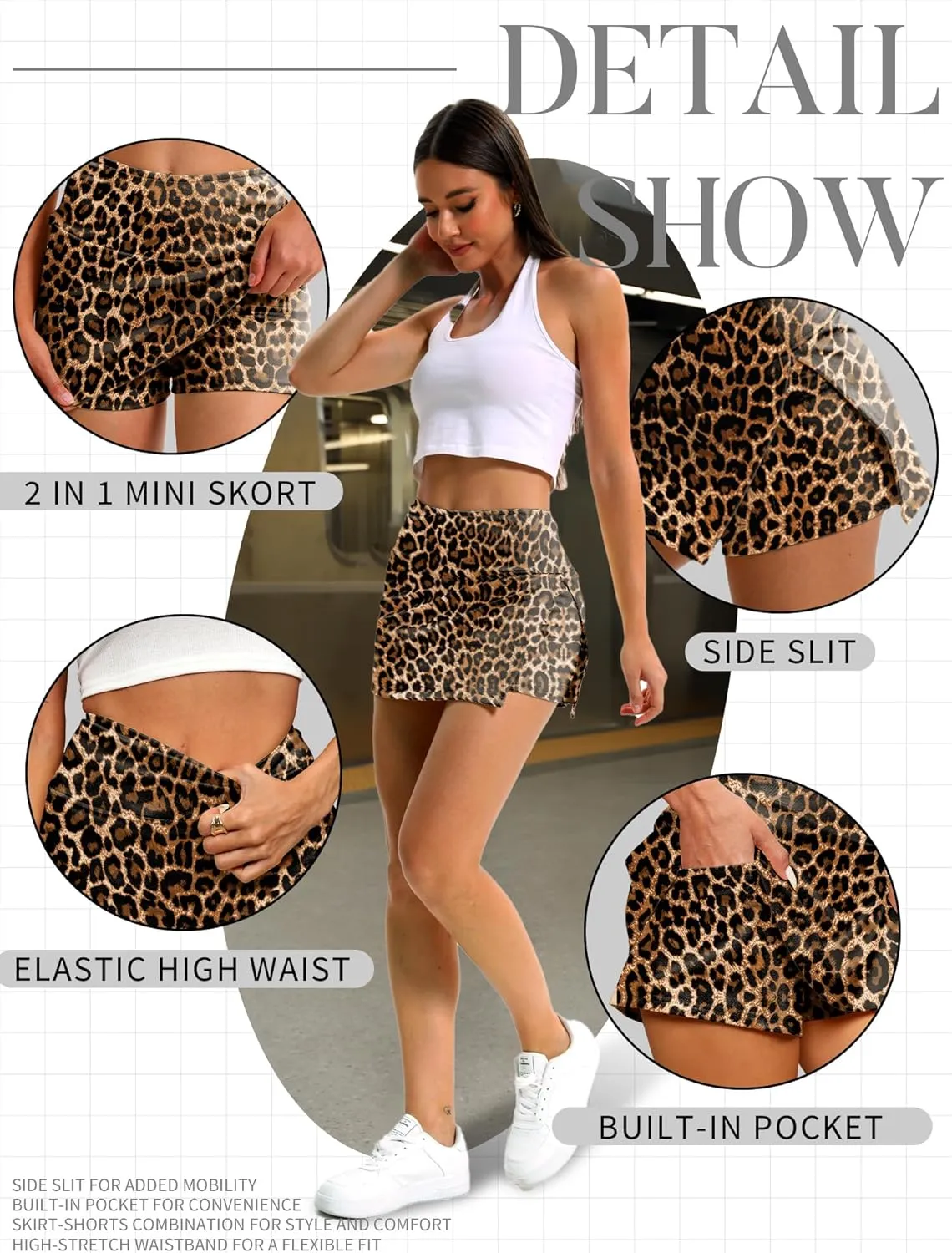 ELLEVEN Y2K Mini Skort with Sexy Side Slits - Women's Stylish Bodycon Skirt with Built-in Shorts & Pocket