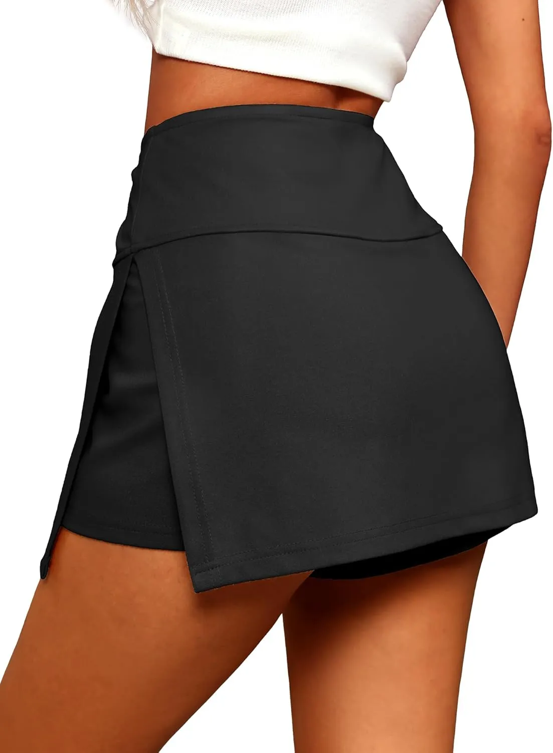 ELLEVEN Y2K Mini Skort with Sexy Side Slits - Women's Stylish Bodycon Skirt with Built-in Shorts & Pocket