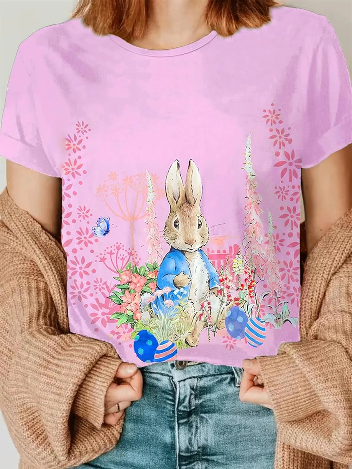 EUOW Easter Bunny Shirt for Women Cute Rabbit Graphic T Shirt Funny Short Sleeve Happy Easter Tee Tops