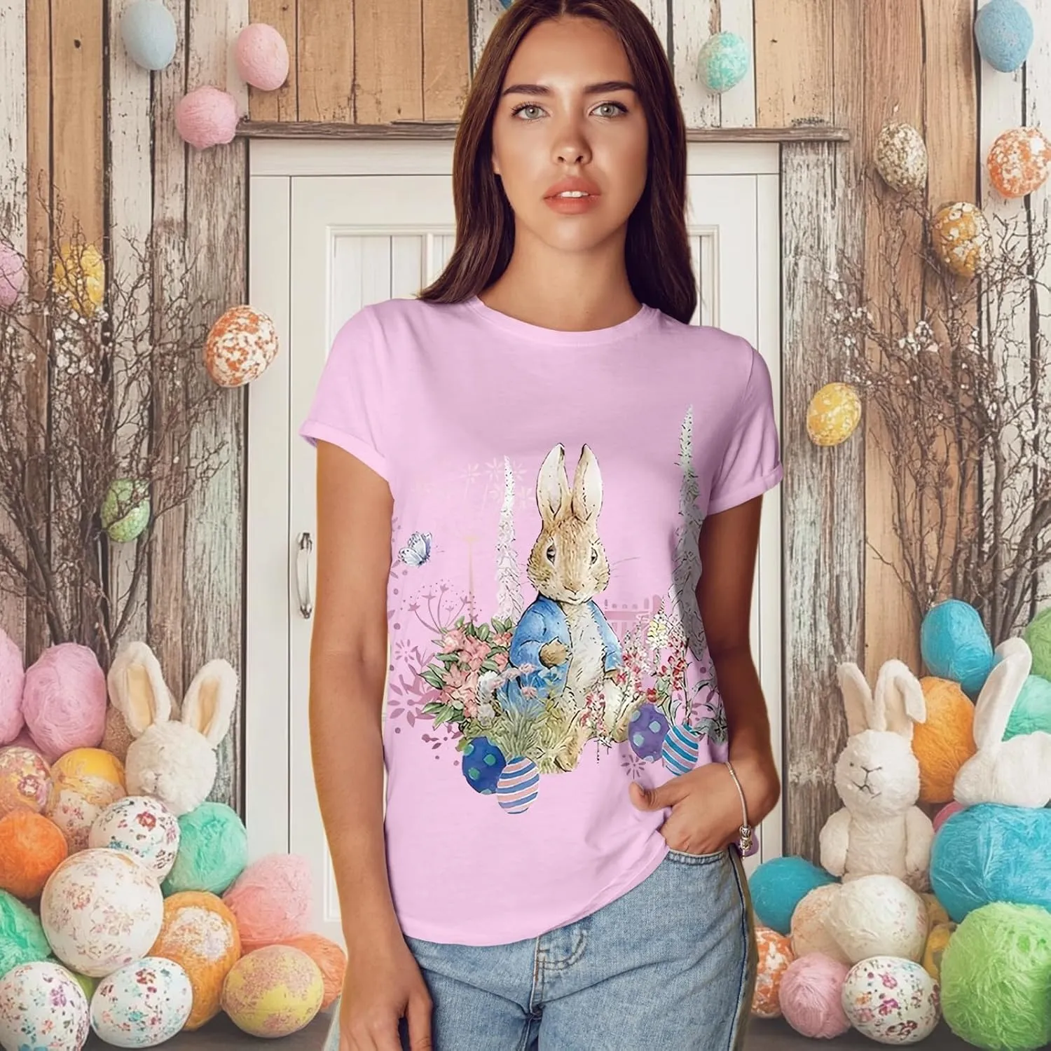 EUOW Easter Bunny Shirt for Women Cute Rabbit Graphic T Shirt Funny Short Sleeve Happy Easter Tee Tops