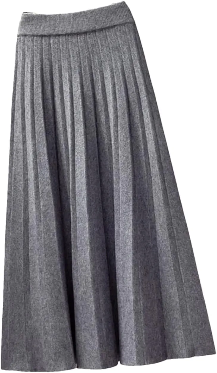 Fashion Autumn Winter Knitted Midi Long Pleated Skirt Women Mid-Length High Waist Skirt