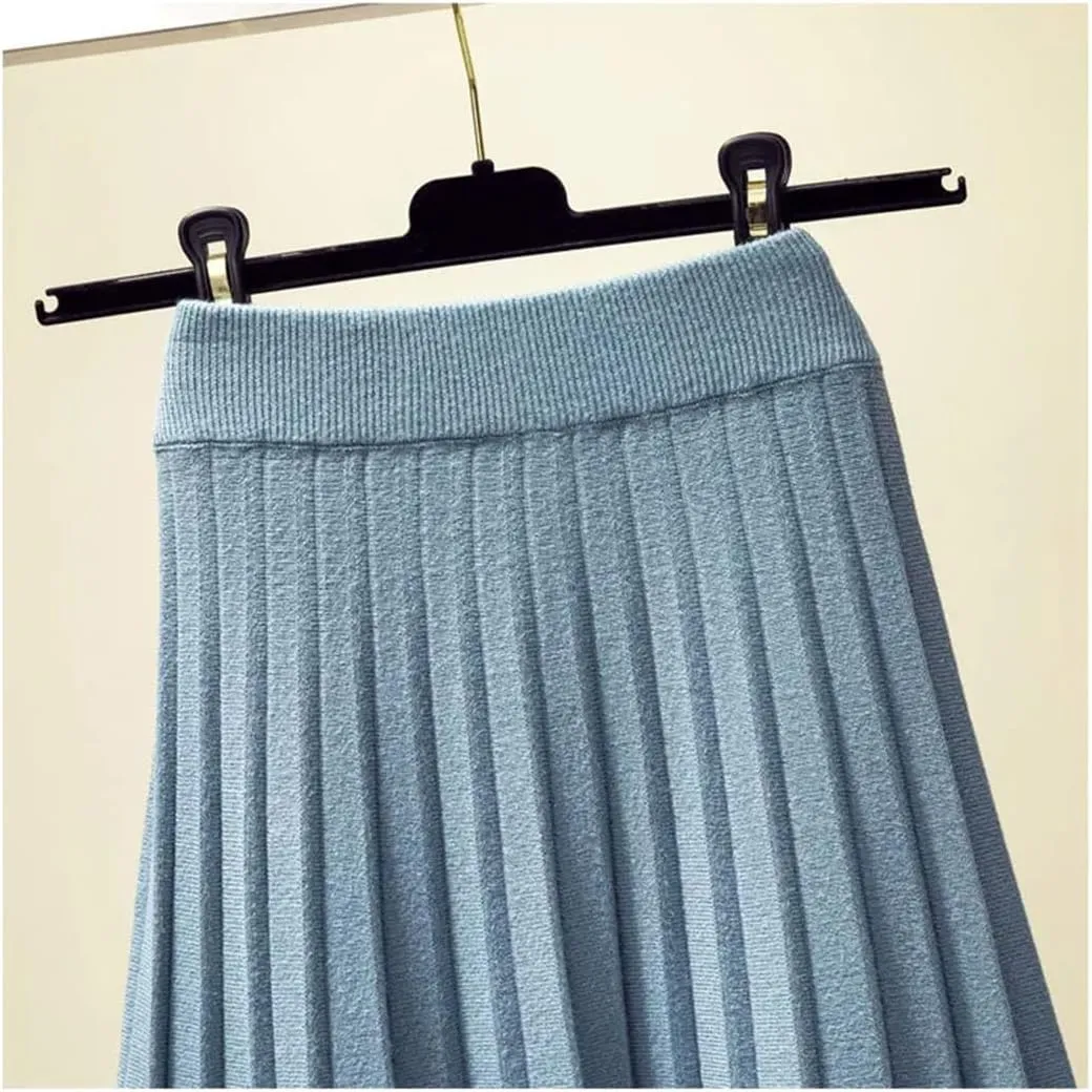 Fashion Autumn Winter Knitted Midi Long Pleated Skirt Women Mid-Length High Waist Skirt