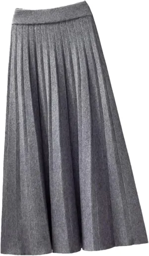 Fashion Autumn Winter Knitted Midi Long Pleated Skirt Women Mid-Length High Waist Skirt