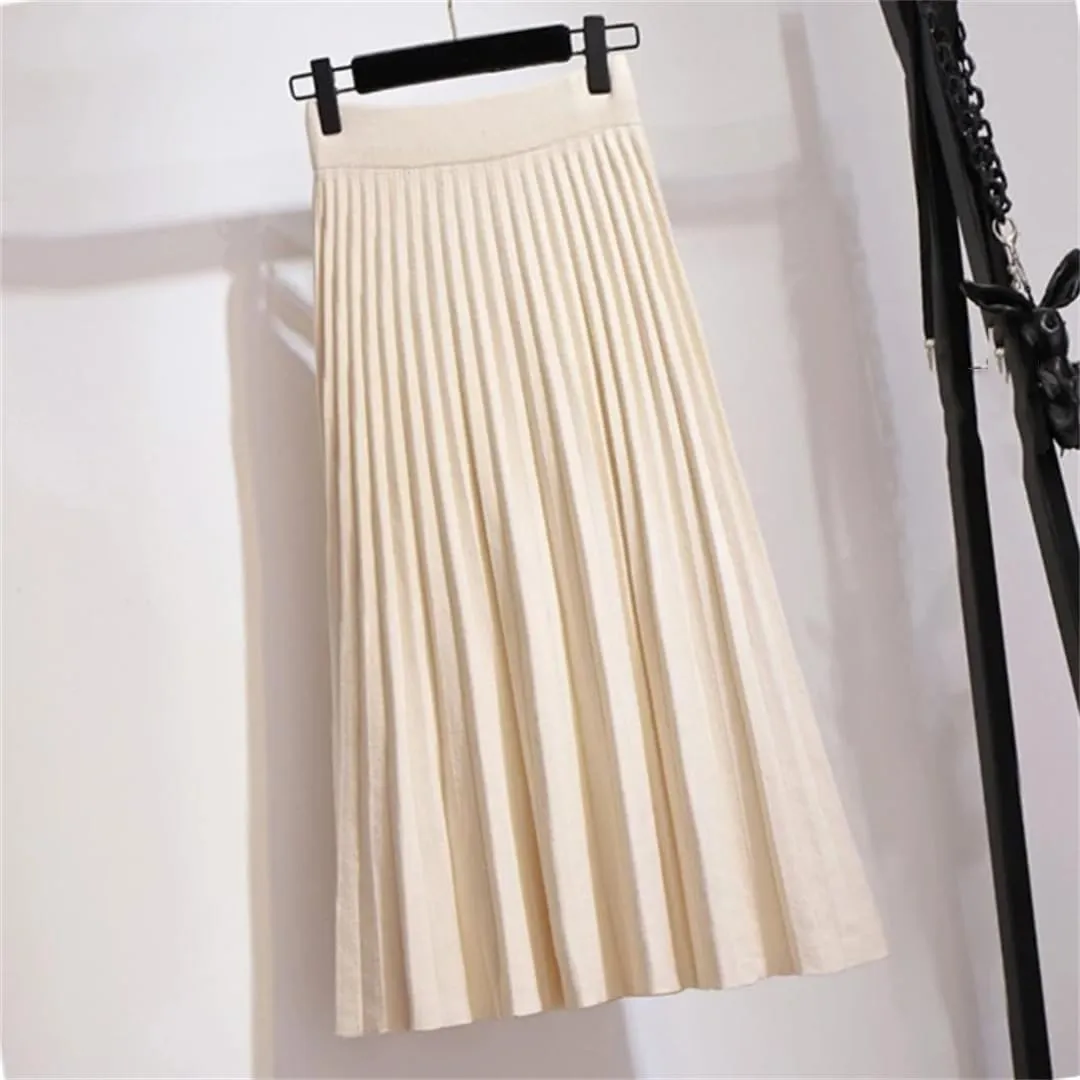 Fashion Autumn Winter Knitted Midi Long Pleated Skirt Women Mid-Length High Waist Skirt
