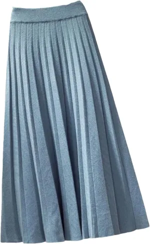 Fashion Autumn Winter Knitted Midi Long Pleated Skirt Women Mid-Length High Waist Skirt