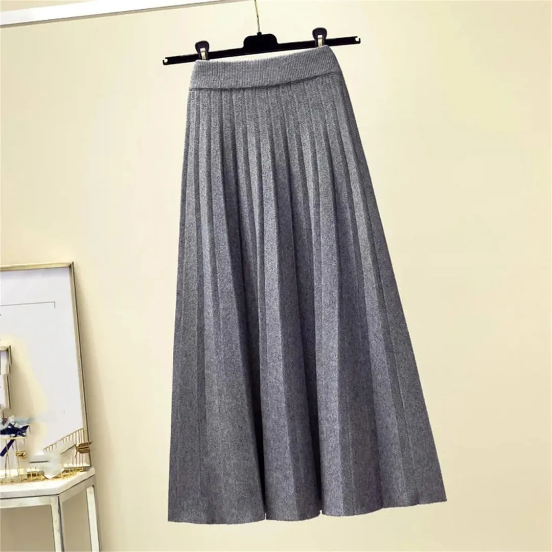 Fashion Autumn Winter Knitted Midi Long Pleated Skirt Women Mid-Length High Waist Skirt