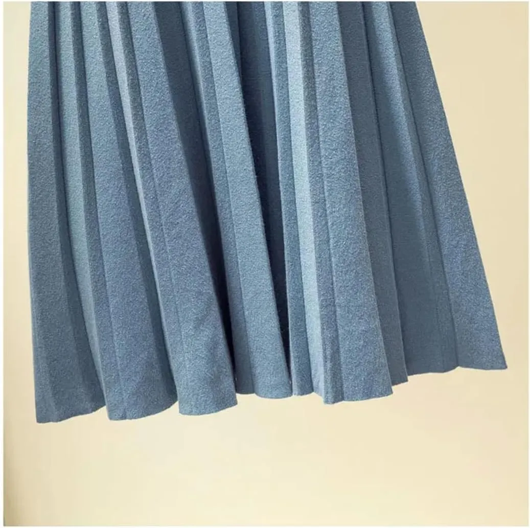 Fashion Autumn Winter Knitted Midi Long Pleated Skirt Women Mid-Length High Waist Skirt