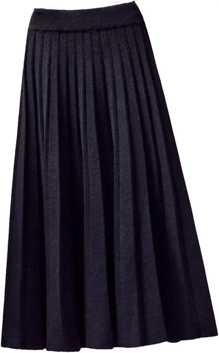 Fashion Autumn Winter Knitted Midi Long Pleated Skirt Women Mid-Length High Waist Skirt