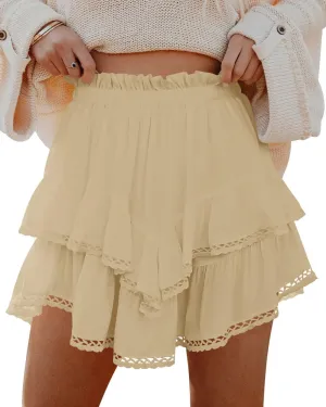 firfig Women's Casual Mini Skirts Shorts Elastic High Waist Cute Flowy Tiered Layered Boho Skorts S-XXL