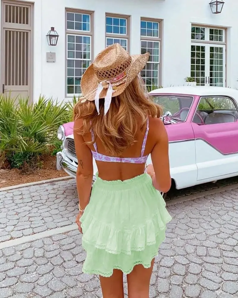 firfig Women's Casual Mini Skirts Shorts Elastic High Waist Cute Flowy Tiered Layered Boho Skorts S-XXL