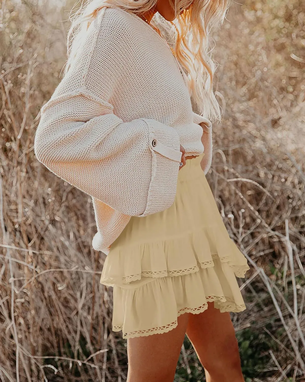 firfig Women's Casual Mini Skirts Shorts Elastic High Waist Cute Flowy Tiered Layered Boho Skorts S-XXL
