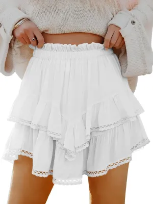 firfig Women's Casual Mini Skirts Shorts Elastic High Waist Cute Flowy Tiered Layered Boho Skorts S-XXL
