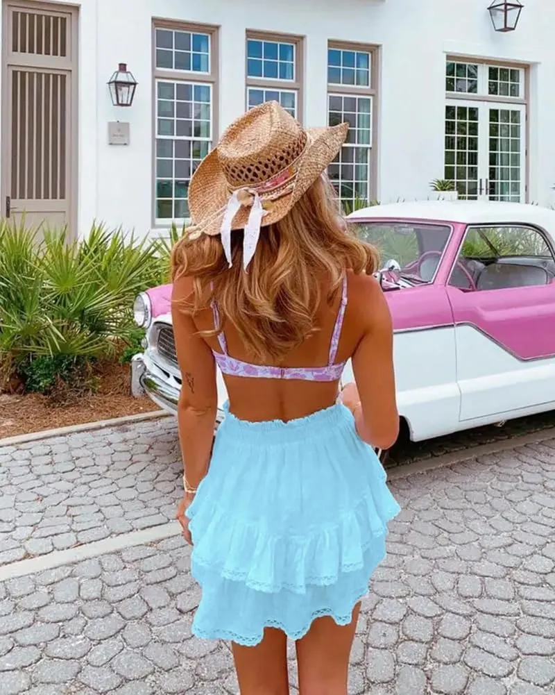 firfig Women's Casual Mini Skirts Shorts Elastic High Waist Cute Flowy Tiered Layered Boho Skorts S-XXL