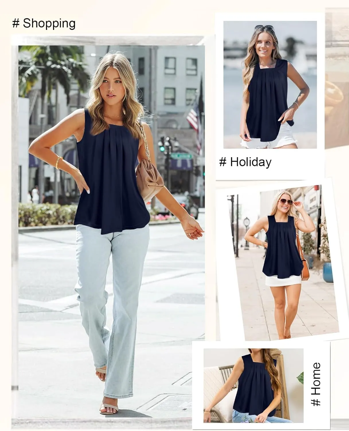 Flafens Summer Tank Top for Women - Cute Pleated Babydoll Scoop Neck Smocked Graphic Sleeveless T Shirt for Beach Vacation