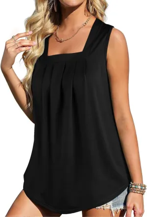 Flafens Summer Tank Top for Women - Cute Pleated Babydoll Scoop Neck Smocked Graphic Sleeveless T Shirt for Beach Vacation