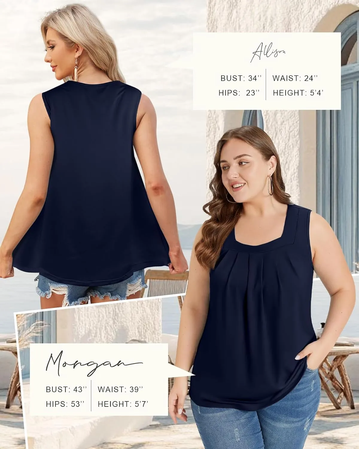 Flafens Summer Tank Top for Women - Cute Pleated Babydoll Scoop Neck Smocked Graphic Sleeveless T Shirt for Beach Vacation