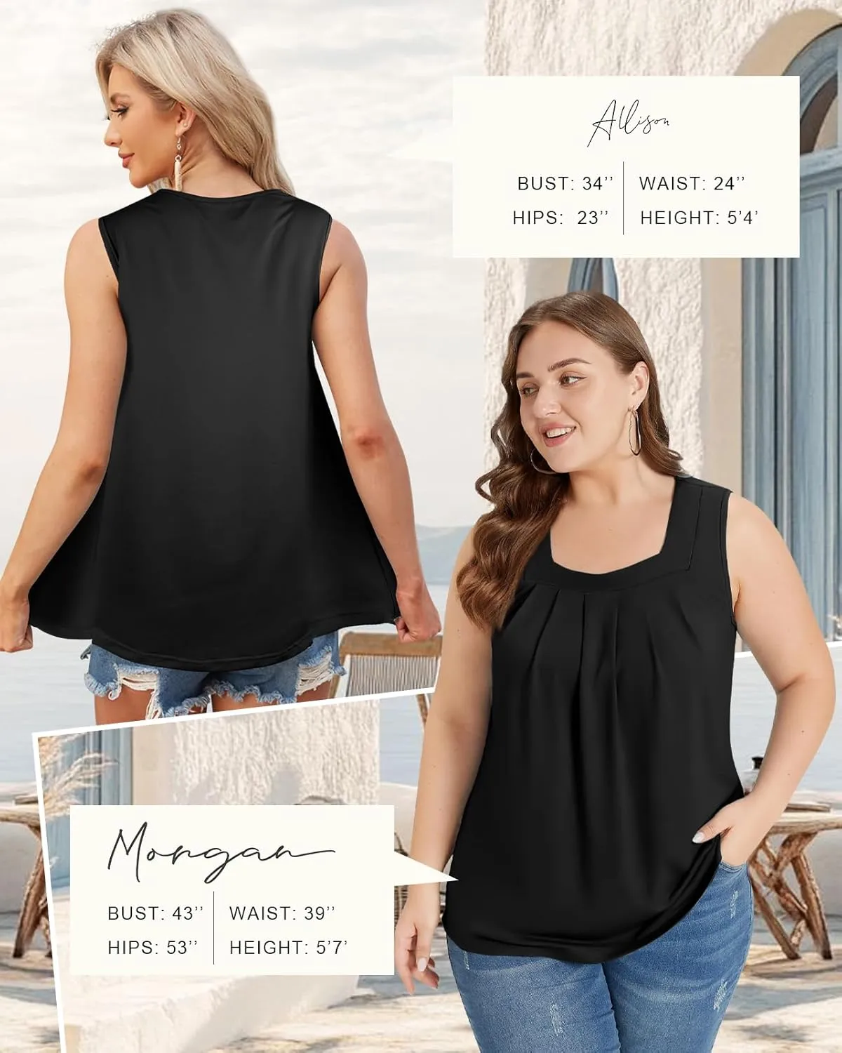 Flafens Summer Tank Top for Women - Cute Pleated Babydoll Scoop Neck Smocked Graphic Sleeveless T Shirt for Beach Vacation
