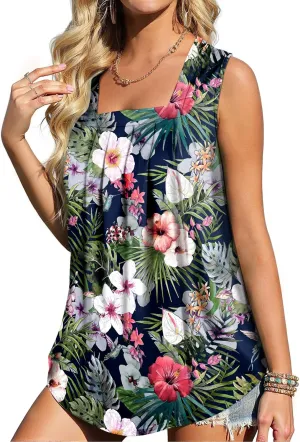 Flafens Summer Tank Top for Women - Cute Pleated Babydoll Scoop Neck Smocked Graphic Sleeveless T Shirt for Beach Vacation