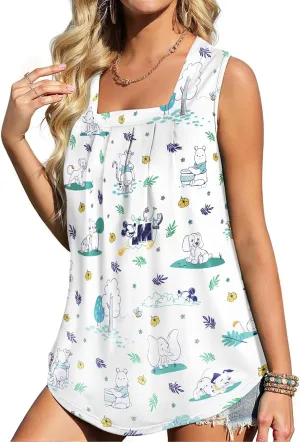 Flafens Summer Tank Top for Women - Cute Pleated Babydoll Scoop Neck Smocked Graphic Sleeveless T Shirt for Beach Vacation