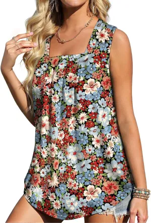 Flafens Summer Tank Top for Women - Cute Pleated Babydoll Scoop Neck Smocked Graphic Sleeveless T Shirt for Beach Vacation