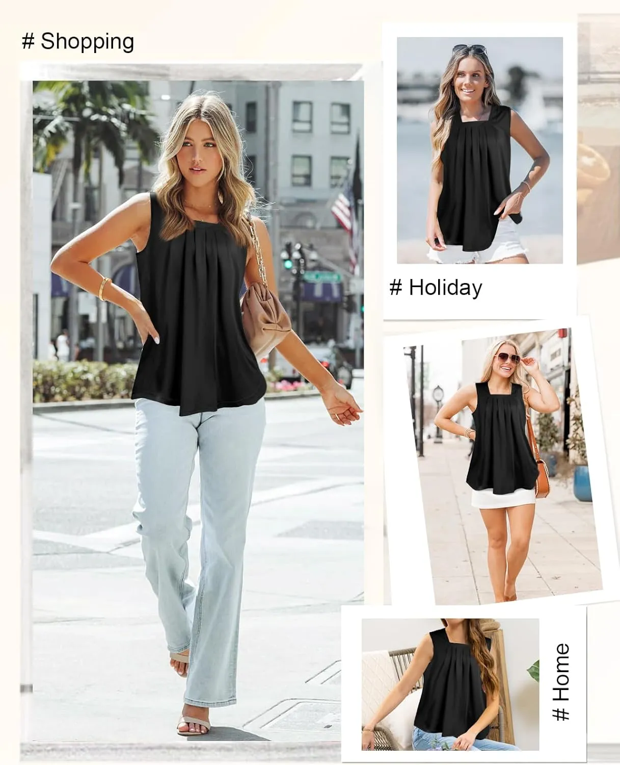 Flafens Summer Tank Top for Women - Cute Pleated Babydoll Scoop Neck Smocked Graphic Sleeveless T Shirt for Beach Vacation