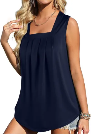 Flafens Summer Tank Top for Women - Cute Pleated Babydoll Scoop Neck Smocked Graphic Sleeveless T Shirt for Beach Vacation