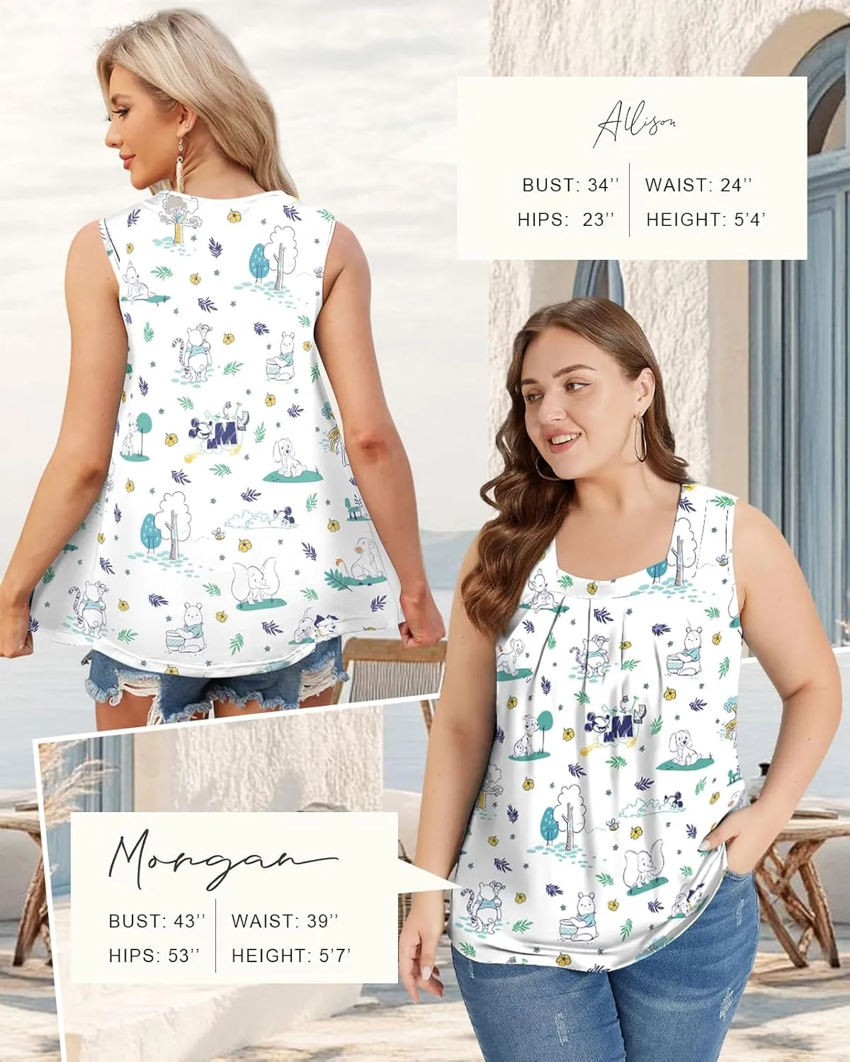 Flafens Summer Tank Top for Women - Cute Pleated Babydoll Scoop Neck Smocked Graphic Sleeveless T Shirt for Beach Vacation