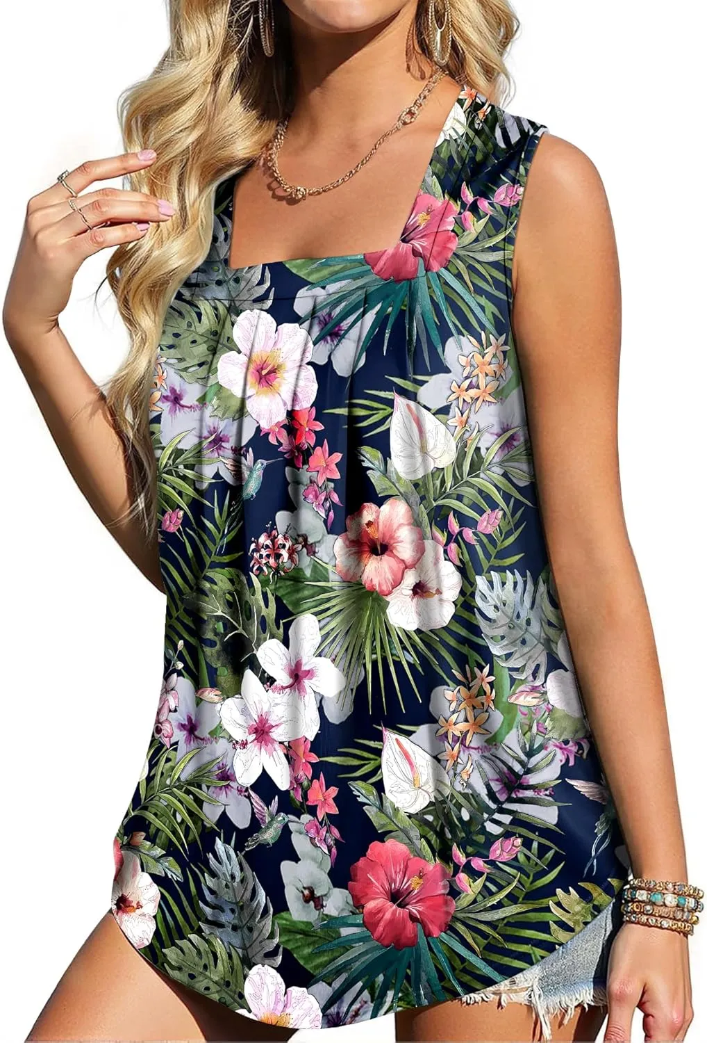 Flafens Summer Tank Top for Women - Cute Pleated Babydoll Scoop Neck Smocked Graphic Sleeveless T Shirt for Beach Vacation