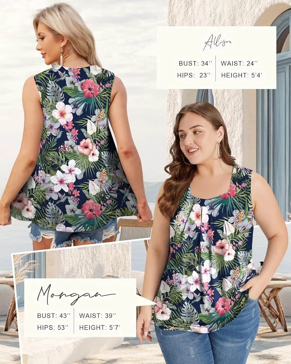 Flafens Summer Tank Top for Women - Cute Pleated Babydoll Scoop Neck Smocked Graphic Sleeveless T Shirt for Beach Vacation
