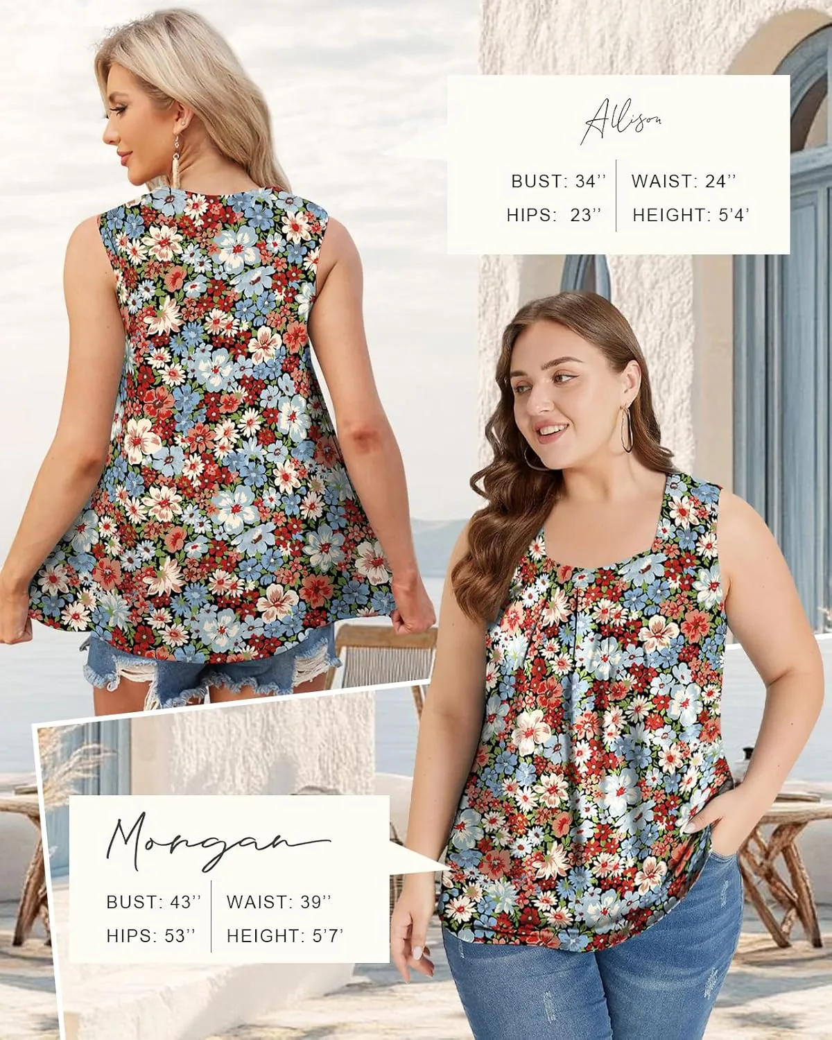 Flafens Summer Tank Top for Women - Cute Pleated Babydoll Scoop Neck Smocked Graphic Sleeveless T Shirt for Beach Vacation