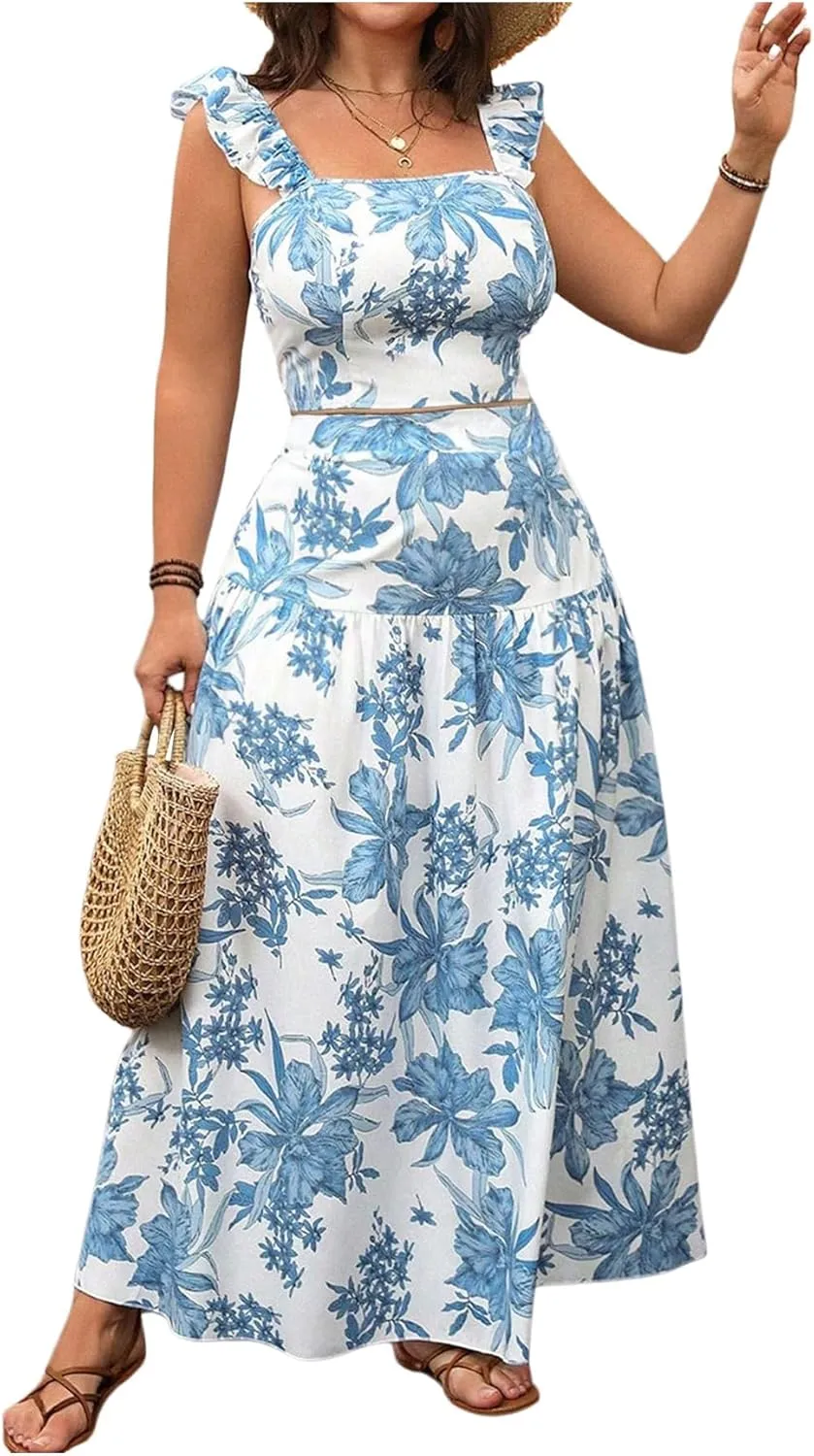 Floerns Women's Plus Size 2 Piece Outfit Floral Ruffle Sleeve Tops Maxi Skirt Set